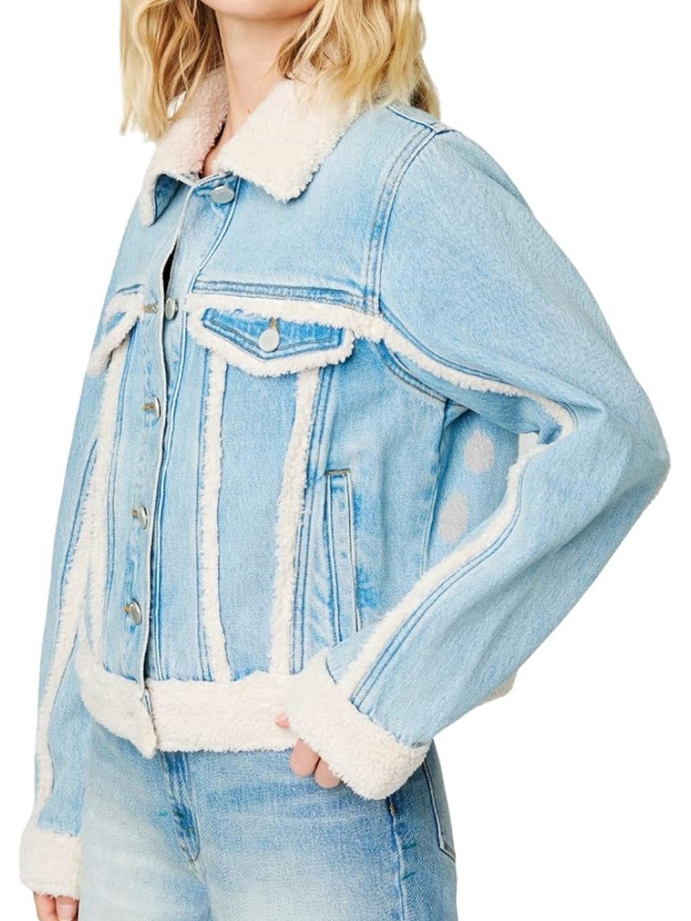 Blank NYC Light Wash Denim Jacket with White Sherpa Trim